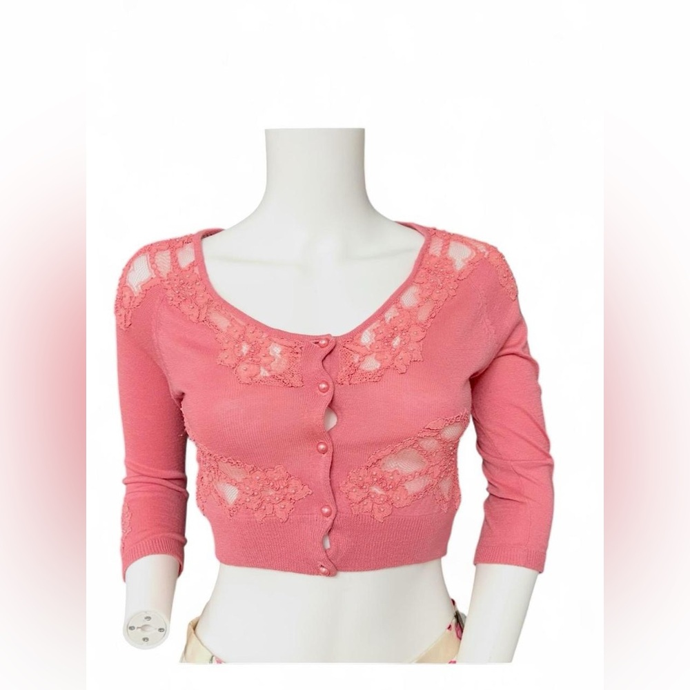 Betsey Johnson Pink Lace Trim Cropped V-Neck Cardigan